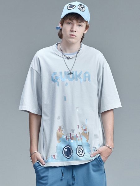 

men cartoon and letter print drop shoulder tee p7ik#, White;black