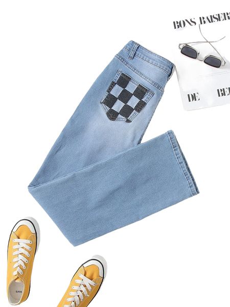 

checker print ripped detail jeans l42q#, Blue