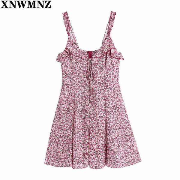 

xnwmnz women sweet red floral print pleat ruffles sling dress female back zipper casual slim vestidos chic summer dresses 210513, Black;gray