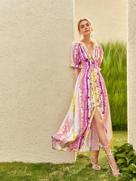 

tie dye plunging neck puff sleeve button front dress a7ow#, Black;gray