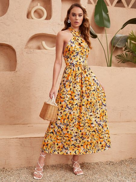 

halter neck allover floral print backless dress n2ql#, Black;gray