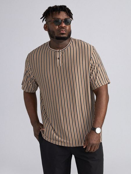 

extended sizes men button front striped tee s1on#, White;black