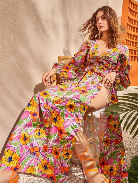 

floral print lantern sleeve split thigh dress 59zu#, Black;gray