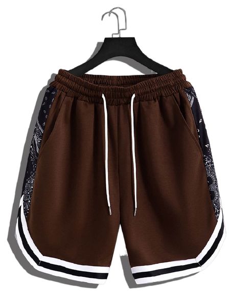 

men contrast paisley side seam drawstring waist shorts b5dn#, White;black