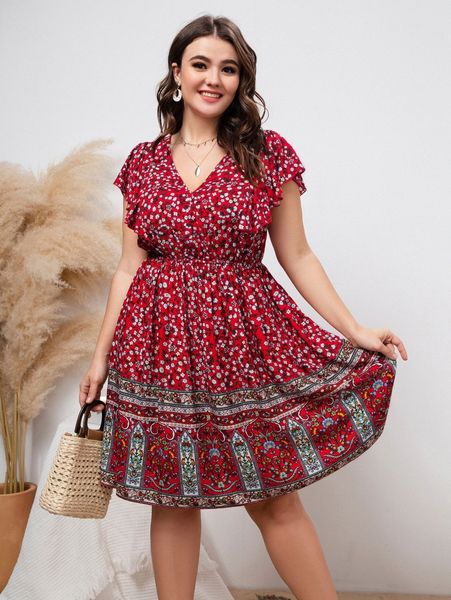 

plus ditsy floral butterfly sleeve dress r3mb#, Black