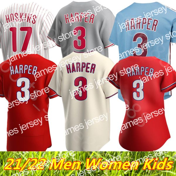 Novo 2021 2022 Custom S-4xl 3 Bryce Harpe Jersey 17 Rhys Hoskins 10 JT Realmuto Homens Mulheres Juventude Qualquer Nome Qualquer Número Jerseys Stitched