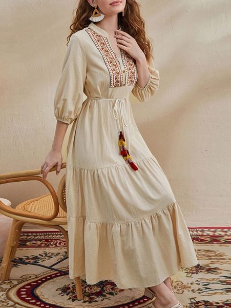 

tie neck lantern sleeve tassel detail ruffle hem belted dress 71h6#, Black;gray