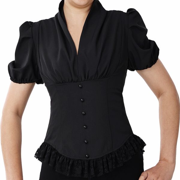 

elegant women shirts medieval steampunk victorian blouse vintage chiffon short sleeve shirt v-neck corset lacing costume, White
