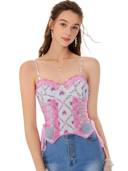 

mod floral print lace panel lace up side cami o2yg#, White
