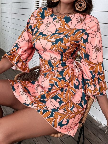 

floral print flounce sleeve tie side dress g9id#, Black;gray
