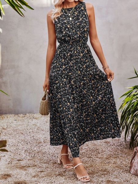 

ditsy floral print ruffle hem dress w1h4#, Black;gray