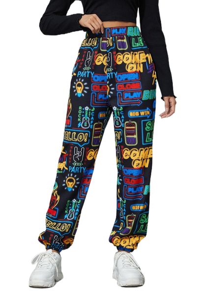 

allover letter graphic elastic waist sweatpants 79mp#, Black;white