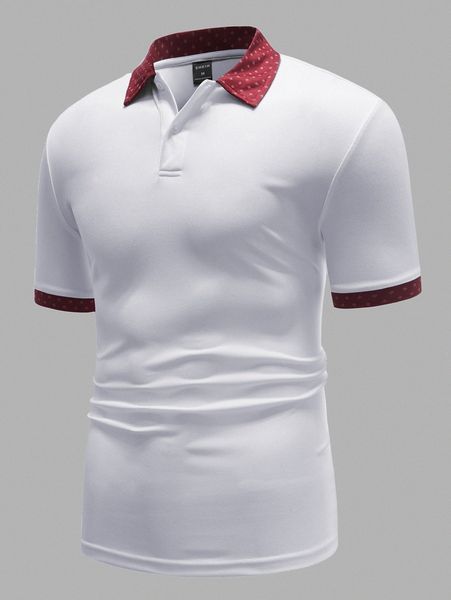 

men geo print contrast binding polo shirt a7up#, White;black