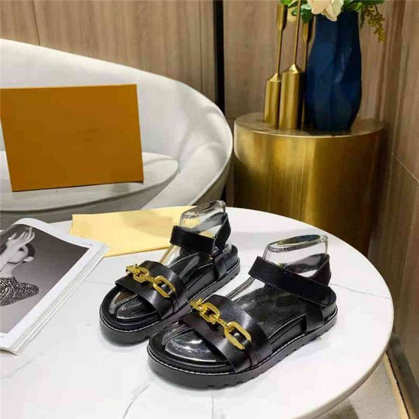 

sandals gold chain leather slippers hollow out platform slides fashion embossed lamb rubber slipper summer flat sandal size w9wi, Black