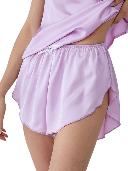 

lightweight soft breathable asymmetrical hem satin sleep shorts r35n#, Black;red