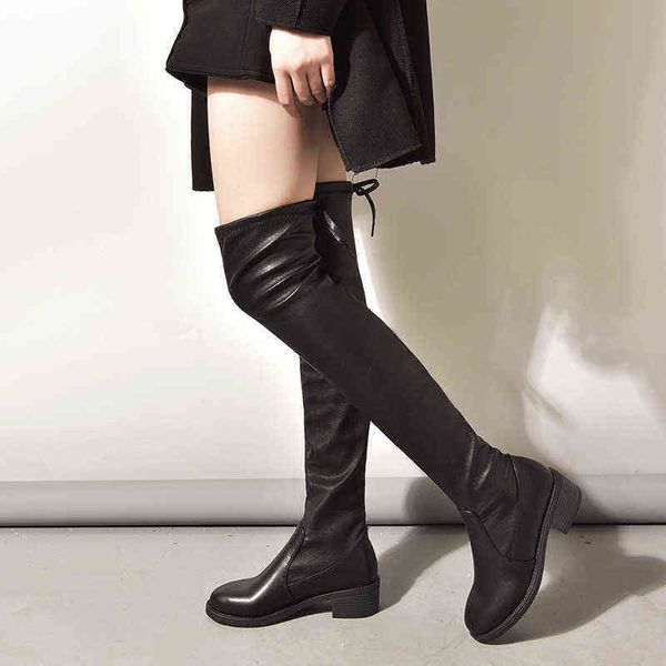 Damen-Stiefel, Overknee-Lederstiefel, neu, schlank, im Herbst und Winter, Damen-Plüsch, flacher Boden, elastisch, 0709