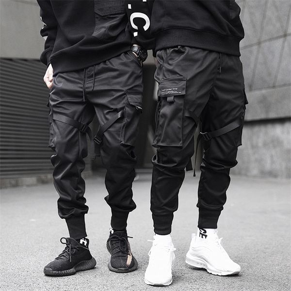 

men cargo pants black ribbons block multi pocket harem joggers harajuku sweatpant hip hop casual male trousers 220720