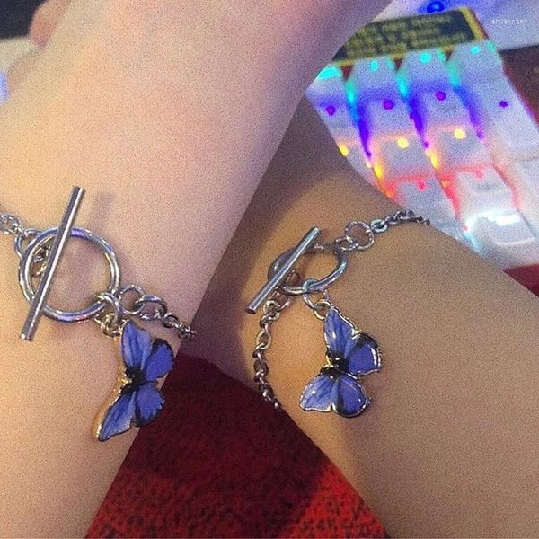 Bracelets de charme 1Pairs Kpop Blue Butterfly Bracelet Street Style Chain para casal para homens de joalheria de joalheria Lars22