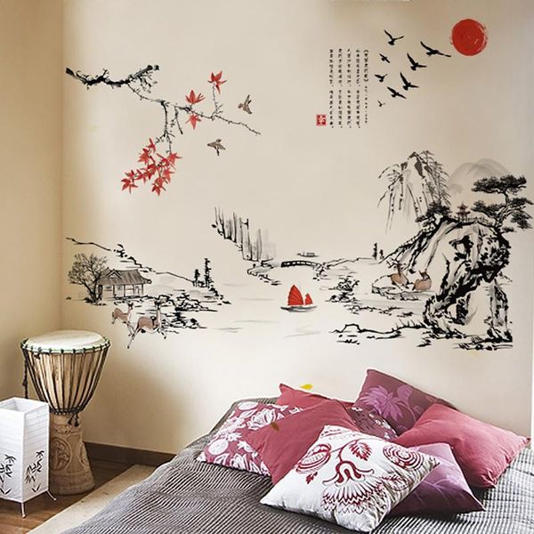 Adesivos de parede estilo de tinta de tinta de arte chinesa paisagem sala de estar quarto de fundo para decoração de decoração de decoração mural de decalques wallpaperwall