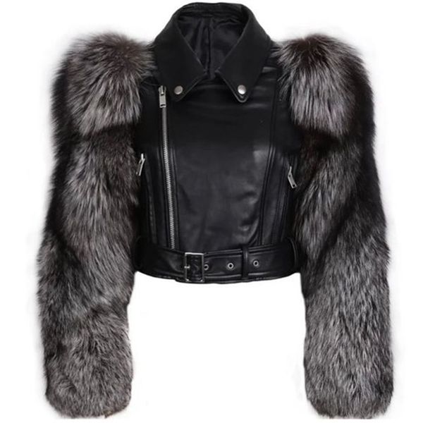 

fursarcar new fashion genuine leather jacket motorcycle woman short slim real leather jackets luxury winter nature fur 201016, Black