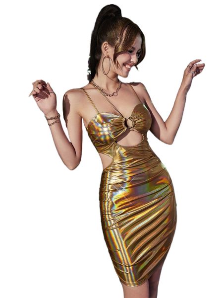 

holographic cut out o-ring detail ruched bodycon dress 05pw#, Black;gray