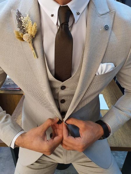 Herrenanzüge, Blazer, neueste Designs, lässig, Champagner, für Männer, 3-teilig, formelles Bräutigam-Hochzeits-Blazer-Set mit Weste und Hosen für Herren