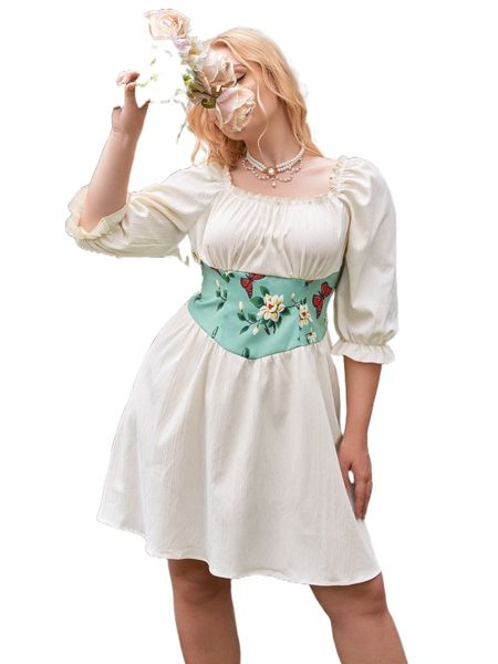 

plus butterfly & floral print flounce cuff frill trim dress e4jo#, Black