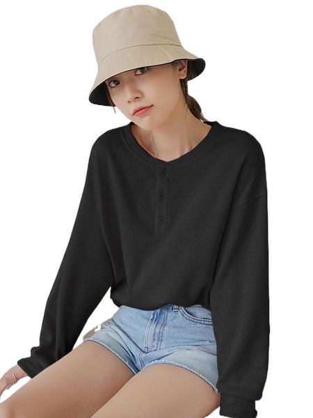 

dazy solid half button sweatshirt 28so#, Black