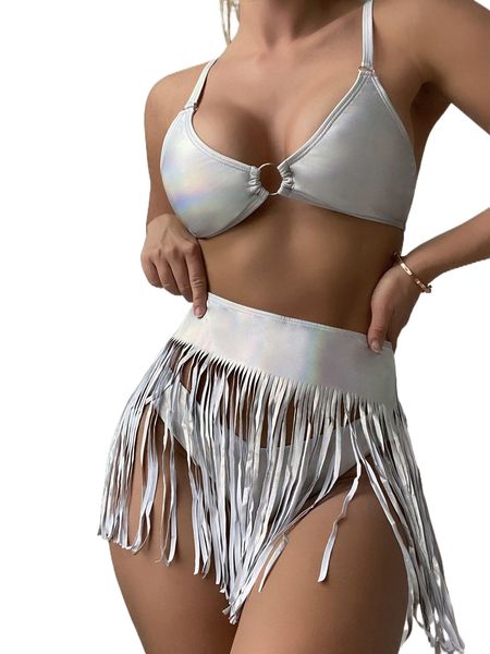 

fringe ring linked bikini swimsuit with beach skirt q5yp#, White;black