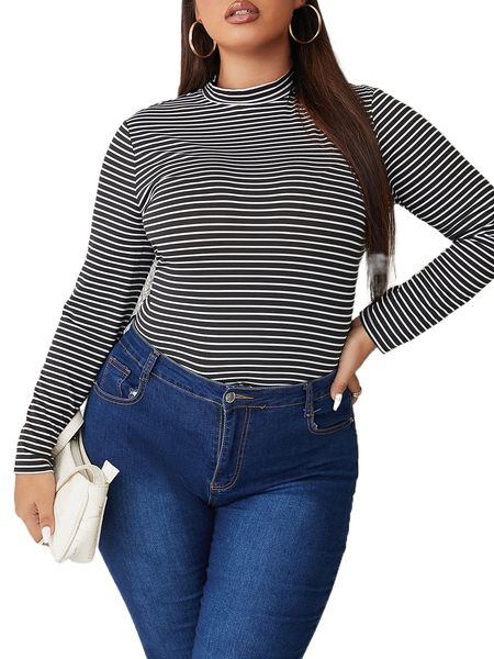

plus mock neck striped tee j7w8#, Black