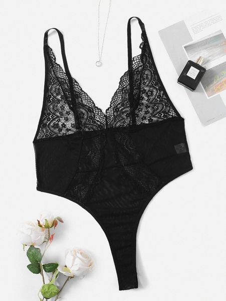 

plus contrast lace mesh teddy bodysuit 95du#, Black;white