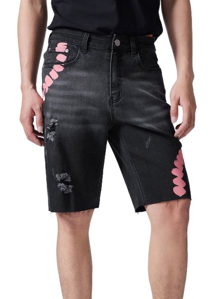 

men brush print ripped cat whisker bermuda denim shorts o1wi#, White;black