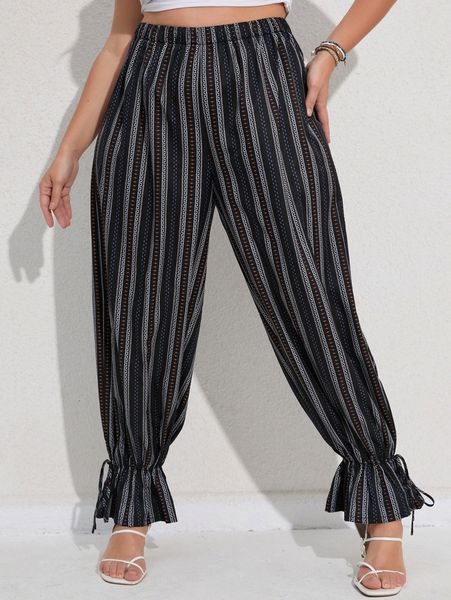 

plus striped tie cuff drop crotch pants q3lu#, Black