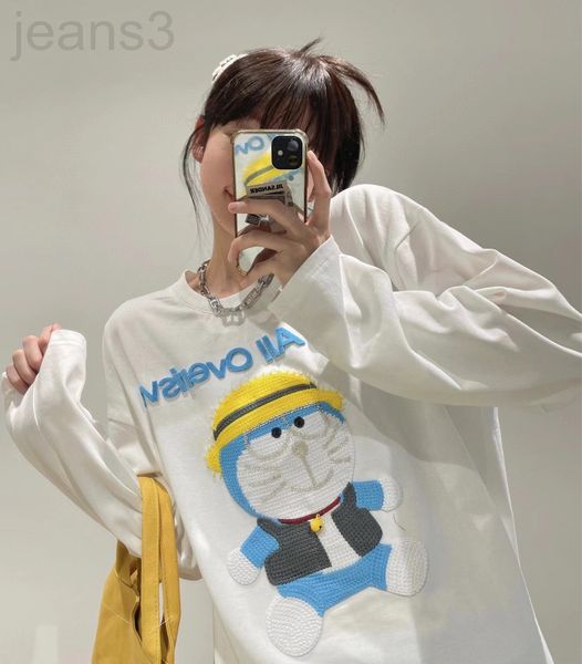 

women's t-shirt designer spring 22[flocking machine cat]cute funny hand embroidered blue fat man long sleeve t-shirt female rnwx, White
