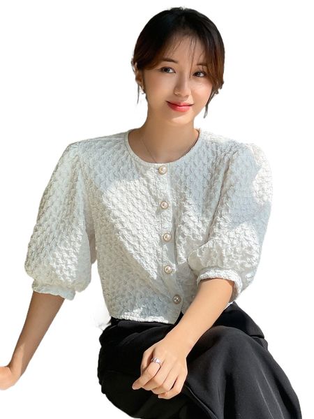 

dazy solid puff sleeve button front blouse v38l#, White