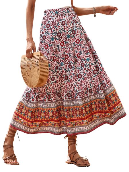 

high waist floral print ruffle hem skirt r3mn#, Black