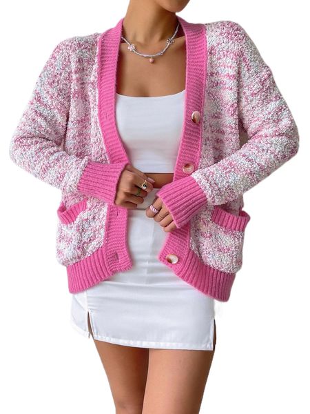 

contrast trim dual pocket drop shoulder popcorn knit cardigan m4zq#, White;black