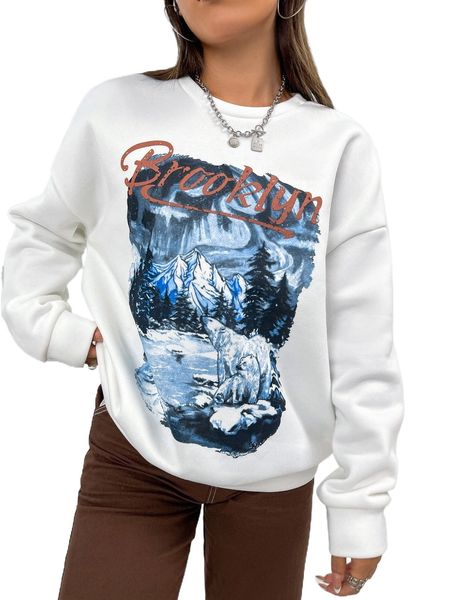 

mountain & letter graphic drop shoulder sweatshirt 92ah#, Black