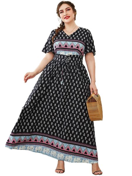 

plus random chevron & paisley print butterfly sleeve grommet lace up dress w930#, Black