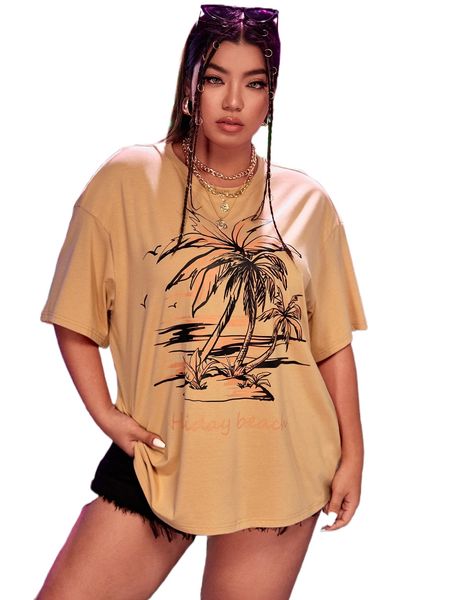

plus coconut tree & letter graphic drop shoulder tee l4fl#, Black