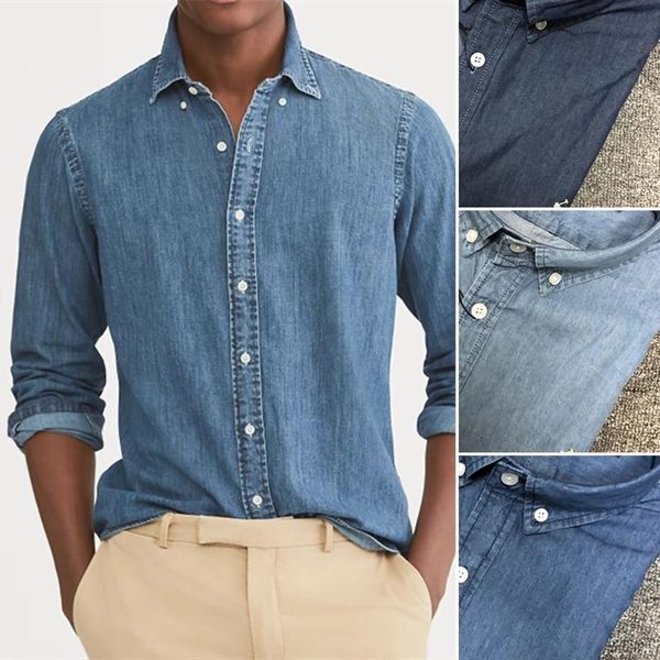 Camisas casuais masculinas primavera outono homens pequeno cavalo qualidade algodão denim homme camisa masculina manga longa bordado jacaré topmen