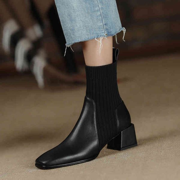

boots korean short thin boots knitted socks autumn winter simple round head thick heel comfortable fashion 03c4, Black