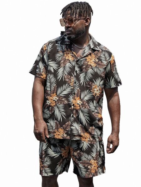 

extended sizes men tropical print shirt & shorts h6cj#, Gray