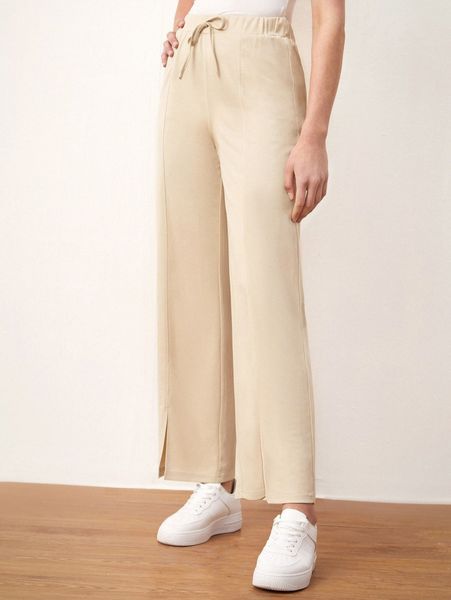 

tie front slit hem pants y4u4#, Black;white