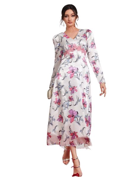 

allover floral print guipure lace detail puff sleeve dress j7k9#, Black;gray