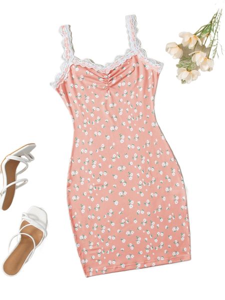 

floral lace trim ruched bust bodycon dress e7cx#, Black;gray