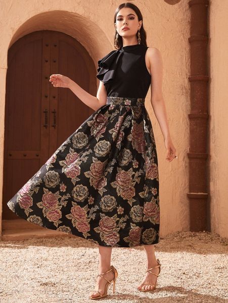 

exaggerate ruffle trim jacquard combo dress 27ig#, Black;gray