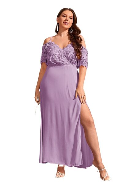 

plus guipure lace insert cold shoulder split thigh bridesmaid dress 92cd#, Black