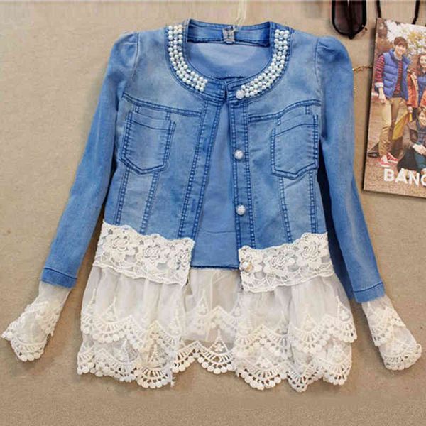 

slim stitching womens denim jacket pearl decoration lace cuffs fashion coat thin section white mesh hem solid wash 001 l220714, Black;brown