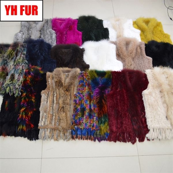 

women real fur vest knitted tassels quality real genuine fur gilet real raccoon fur collar waistcoat y201012, Black